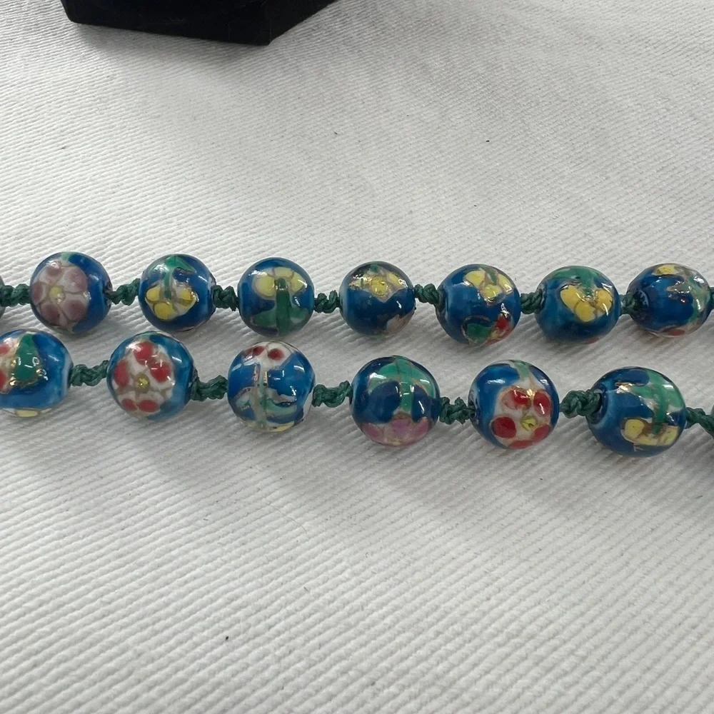 Vintage Blue Cloisonne Double Hand Knotted bead necklace and earrings